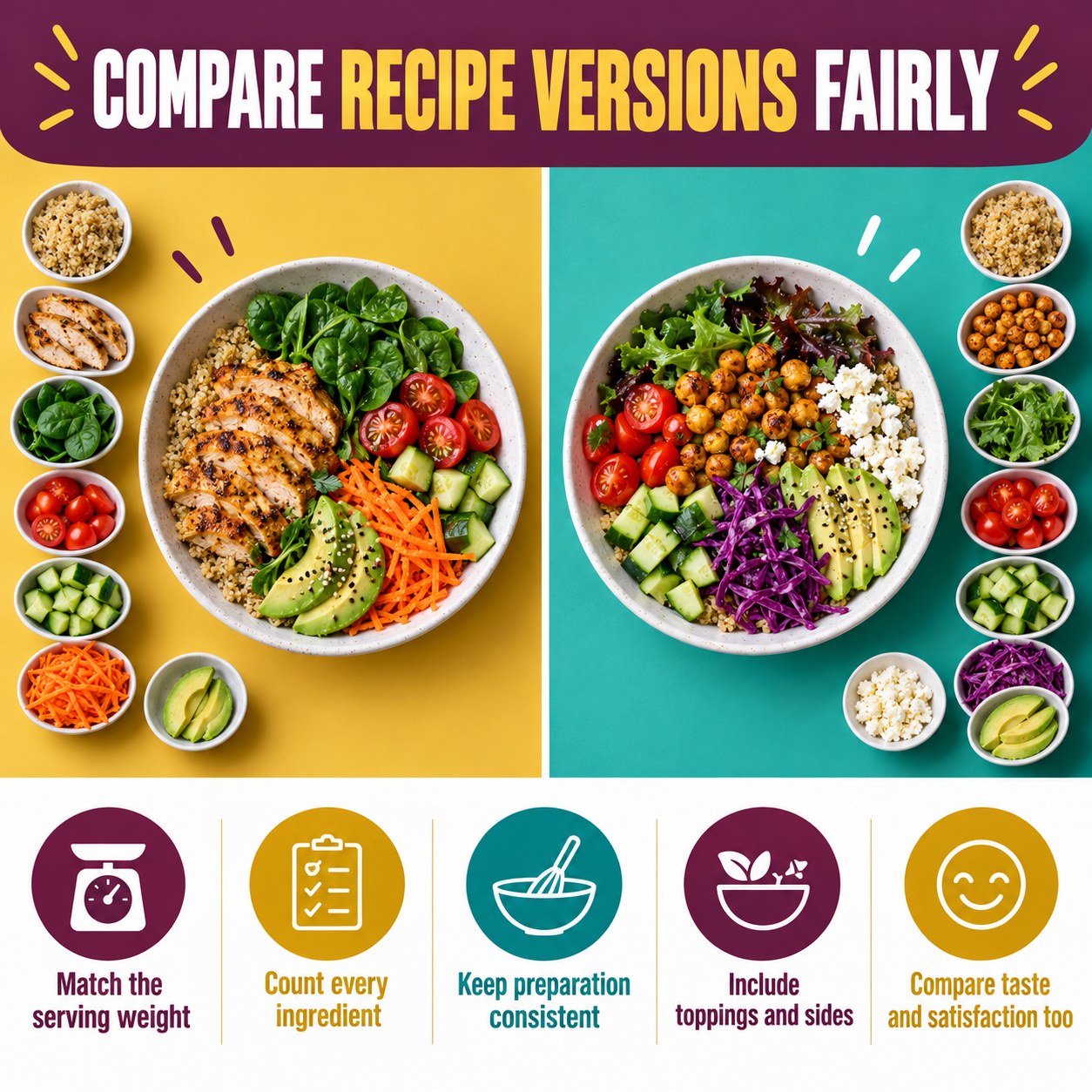 Split recipe infographic comparing equal serving weight, full ingredients, consistent preparation, toppings, sides, taste, and satisfaction