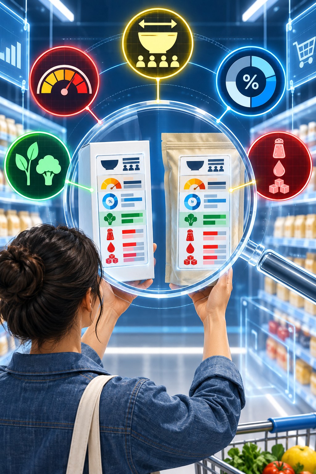 Shopper comparing two plain packaged foods through a magnifier with five nutrition label checkpoints.