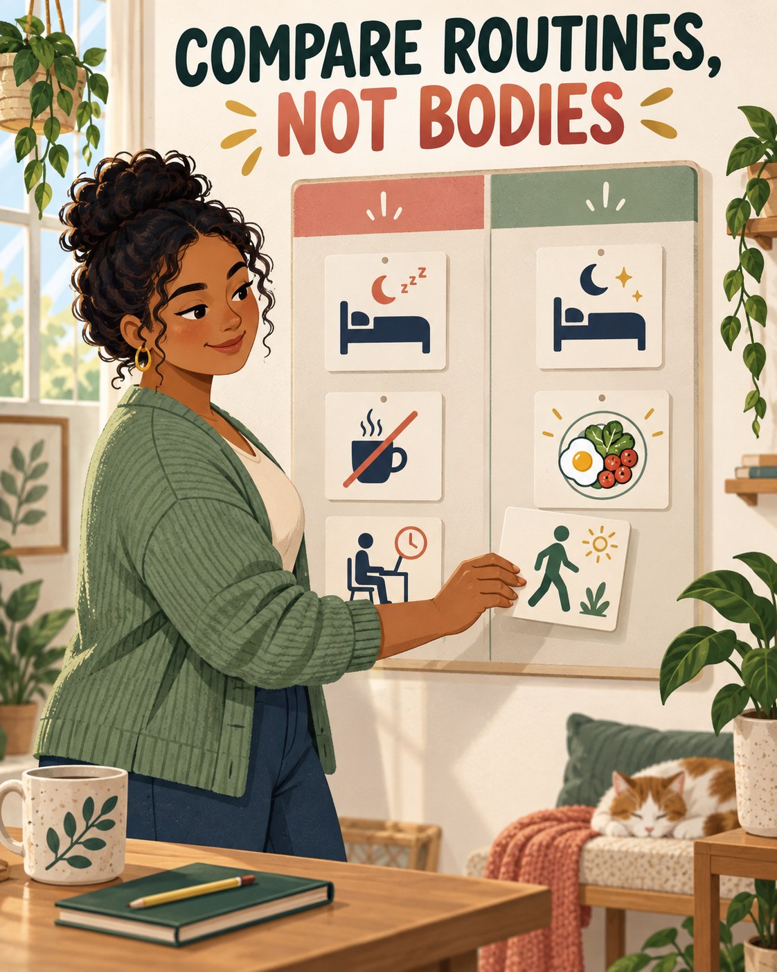 Woman comparing illustrated routine cards for sleep, breakfast, sitting, and walking
