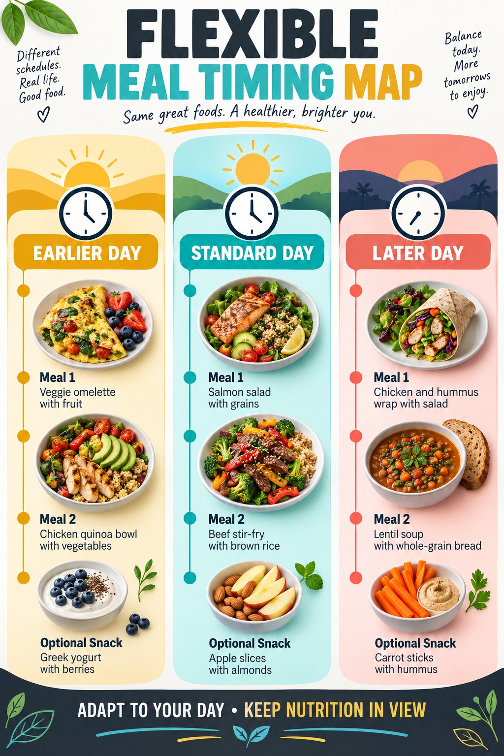 Three-column meal timing map comparing earlier, standard, and later-day schedules with two meals and an optional snack.
