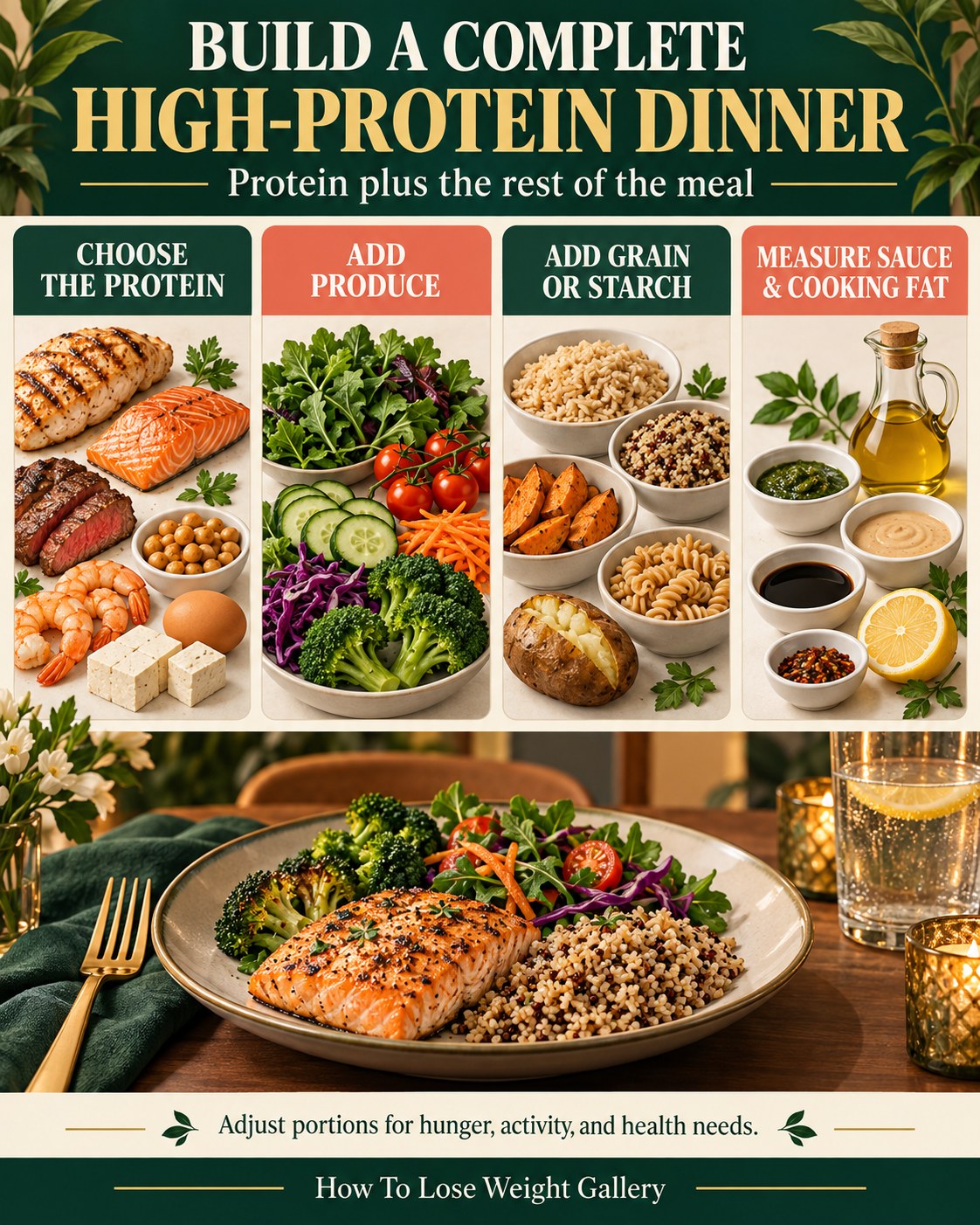 High-protein dinner infographic showing protein, produce, grain or starch, and measured sauce and cooking fat