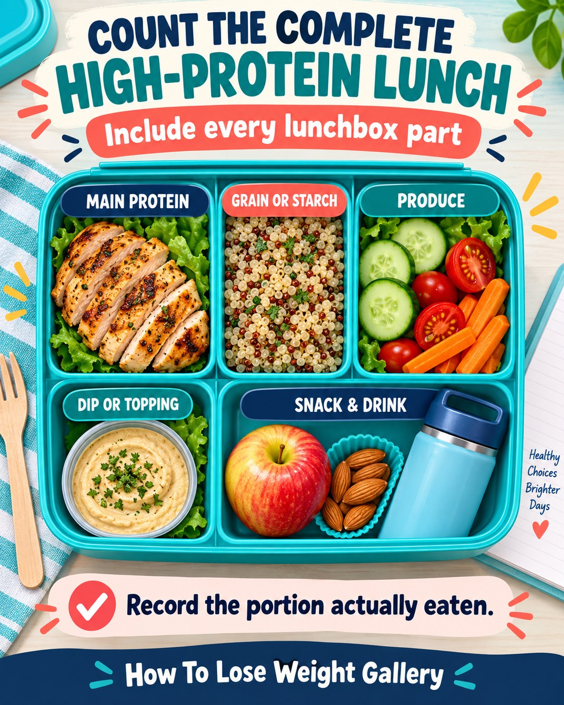 High-protein lunchbox infographic with main protein, grain or starch, produce, dip or topping, snack and drink compartments