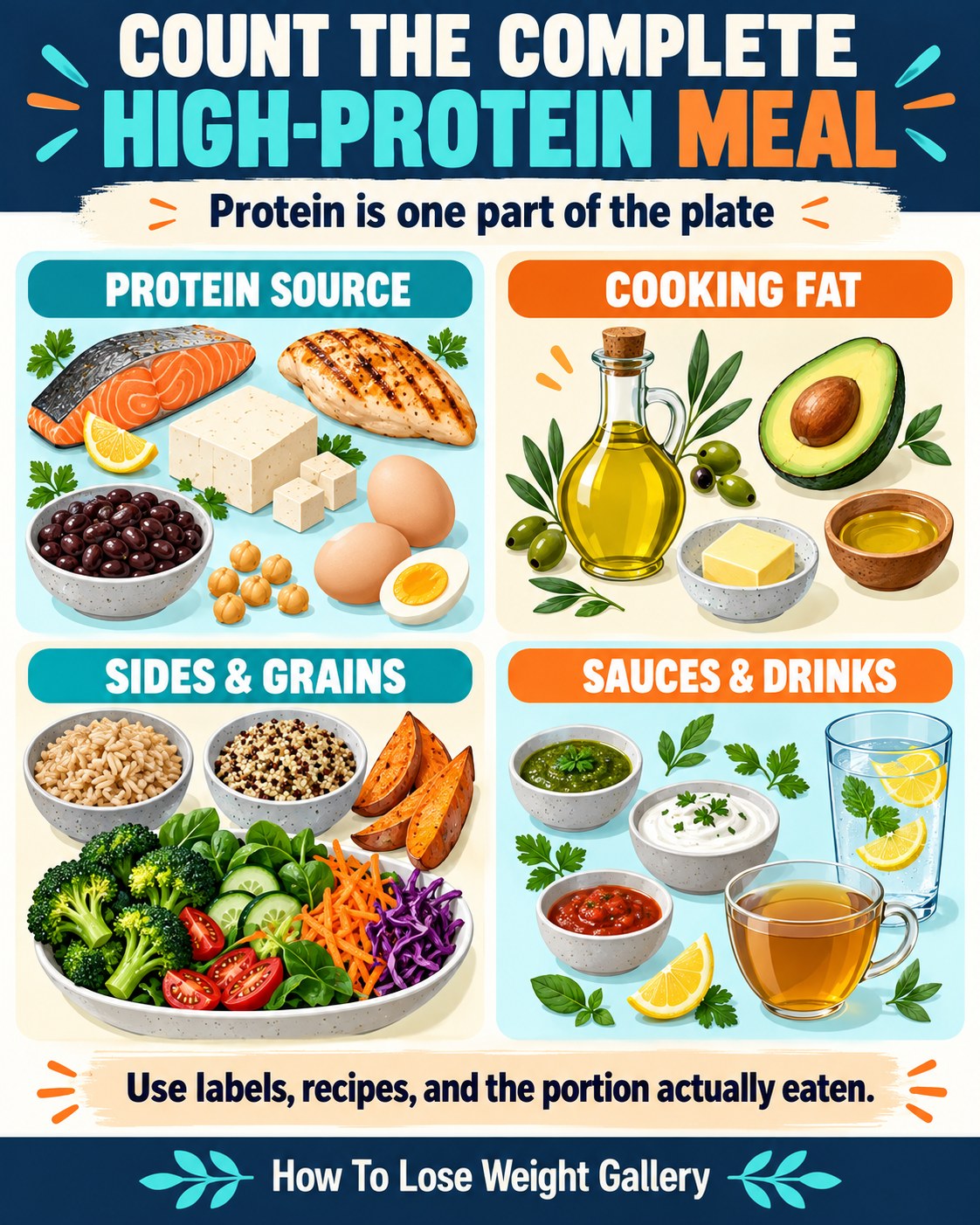 High-protein meal infographic showing the protein source, cooking fat, sides and grains, sauces and drinks