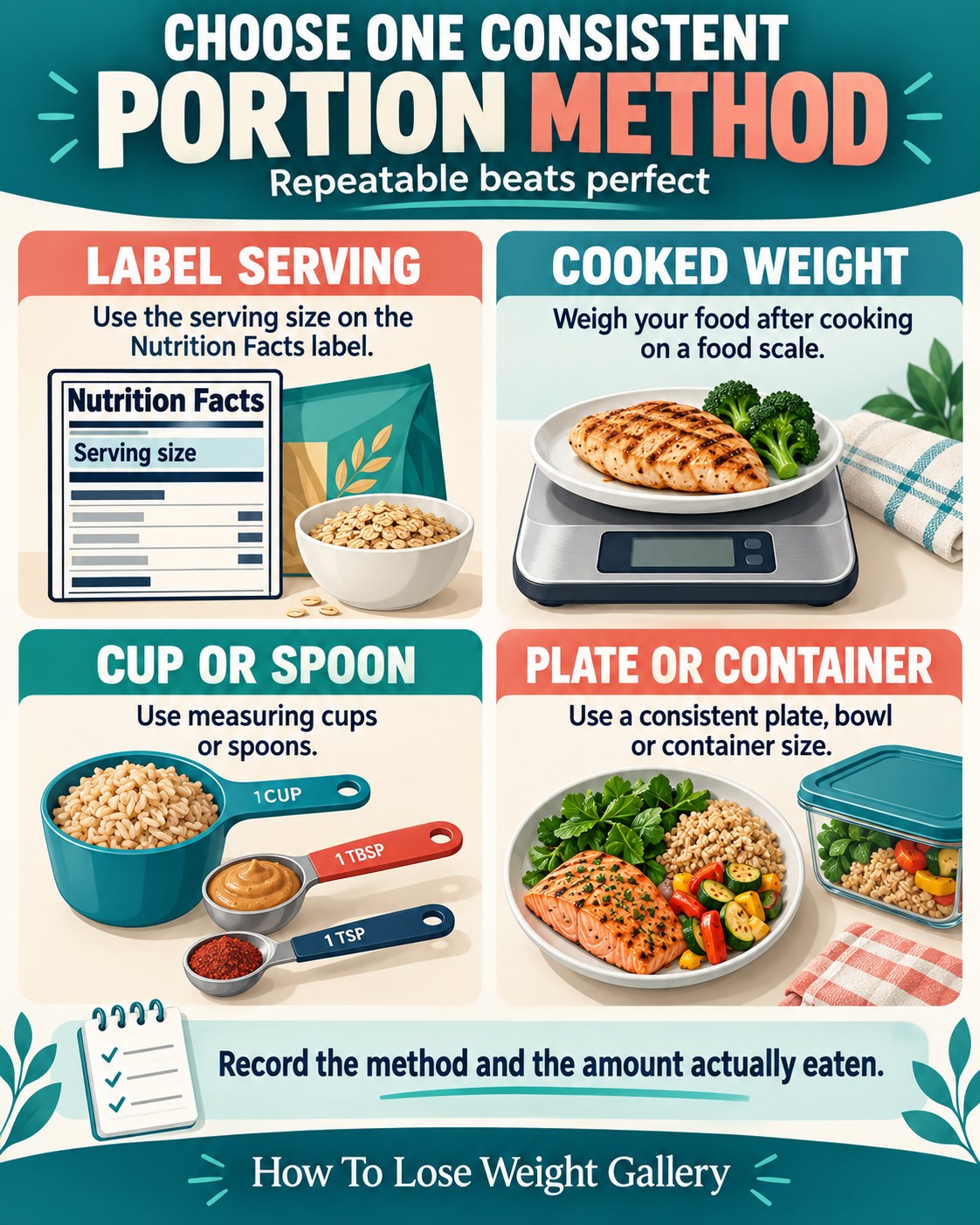 Portion-control infographic comparing label serving, cooked weight, measuring cups and spoons, and a consistent plate or container