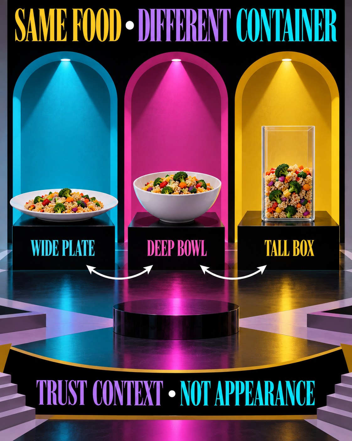 Black, cyan, magenta, yellow, lavender, and white optical-illusion infographic comparing food in three containers.