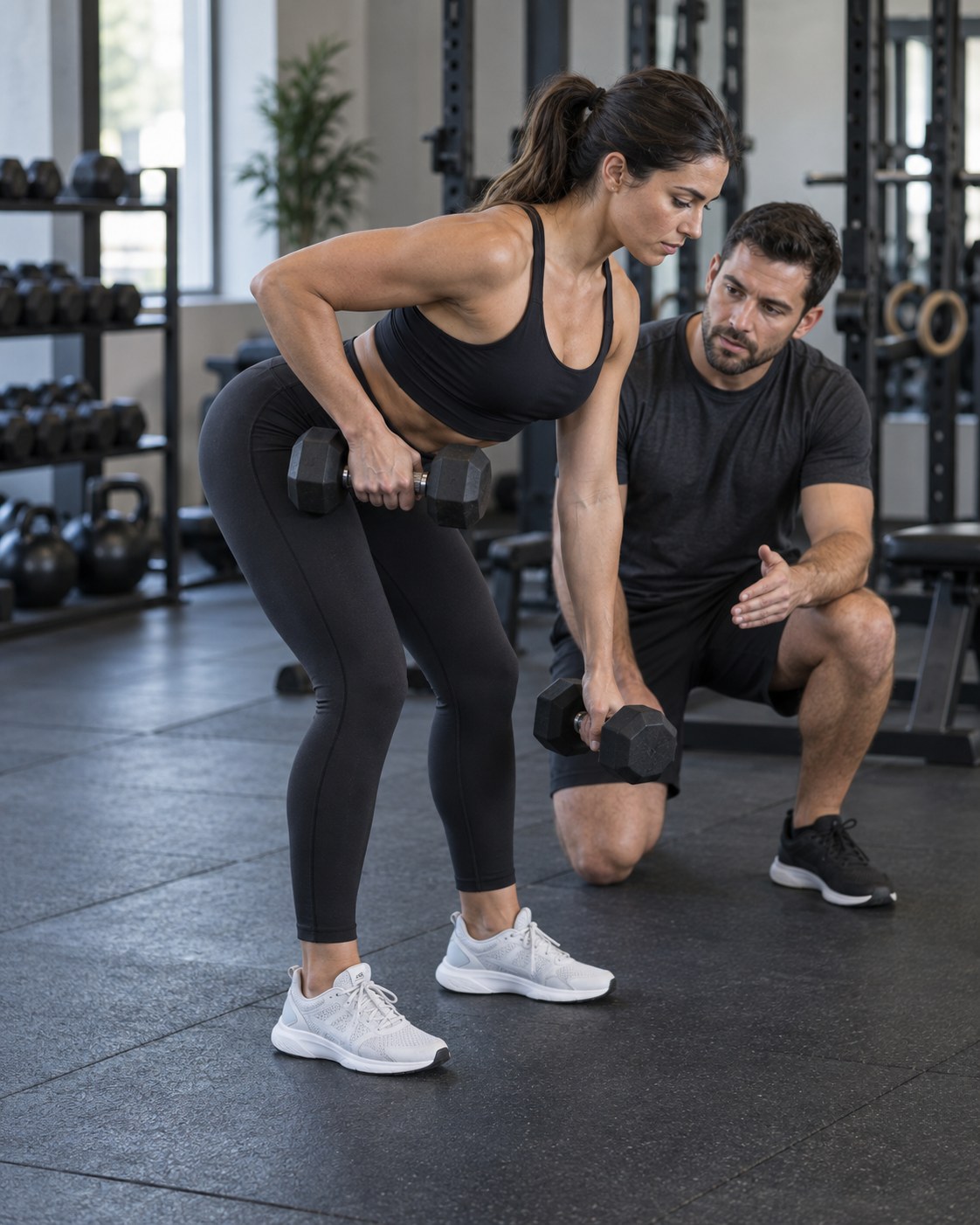 Adult performing a controlled dumbbell hinge and row while a trainer observes in a clean gym