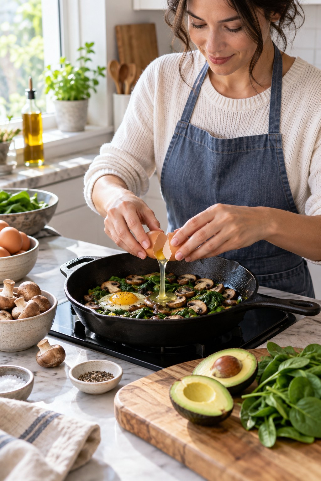 Adult cracking an egg into a skillet with spinach and mushrooms beside sliced avocado in a bright kitchen.