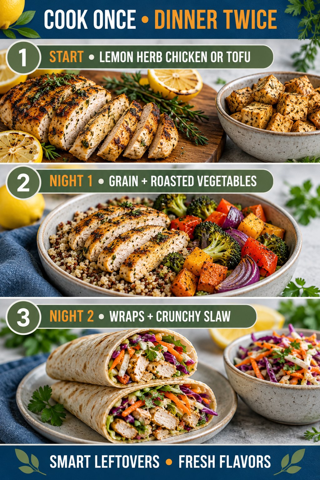 Cook-once dinner plan with lemon herb chicken or tofu, a grain bowl, and crunchy slaw wraps.