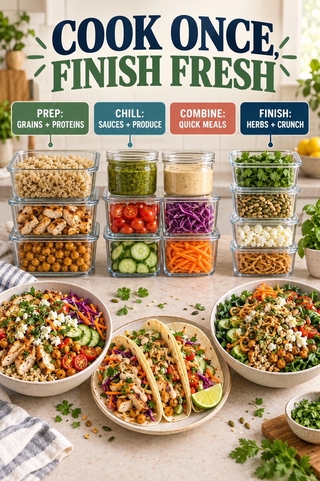 Cook once, finish fresh infographic with prepared grains, proteins, sauces, produce, herbs, and three assembled meals.
