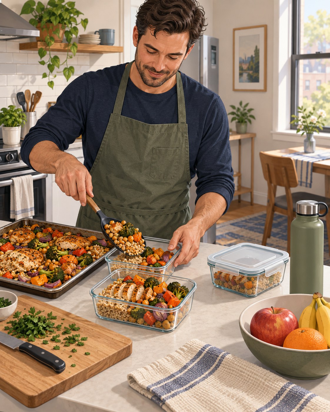 Man packing two balanced workday lunches from a sheet-pan meal in a small kitchen
