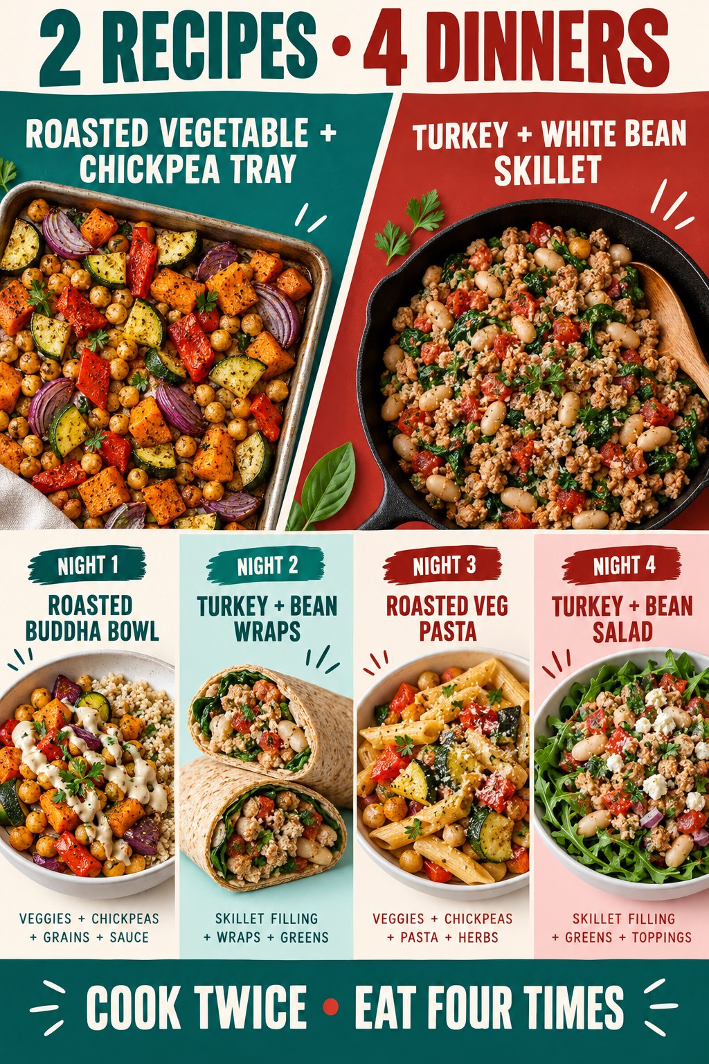 Teal and red infographic showing two base recipes remixed into four dinners: a bowl, wrap, pasta dish, and salad.