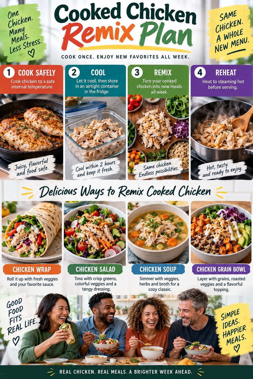 Portrait infographic showing cooked chicken being safely cooled and remixed into a wrap, salad, soup, and grain bowl.