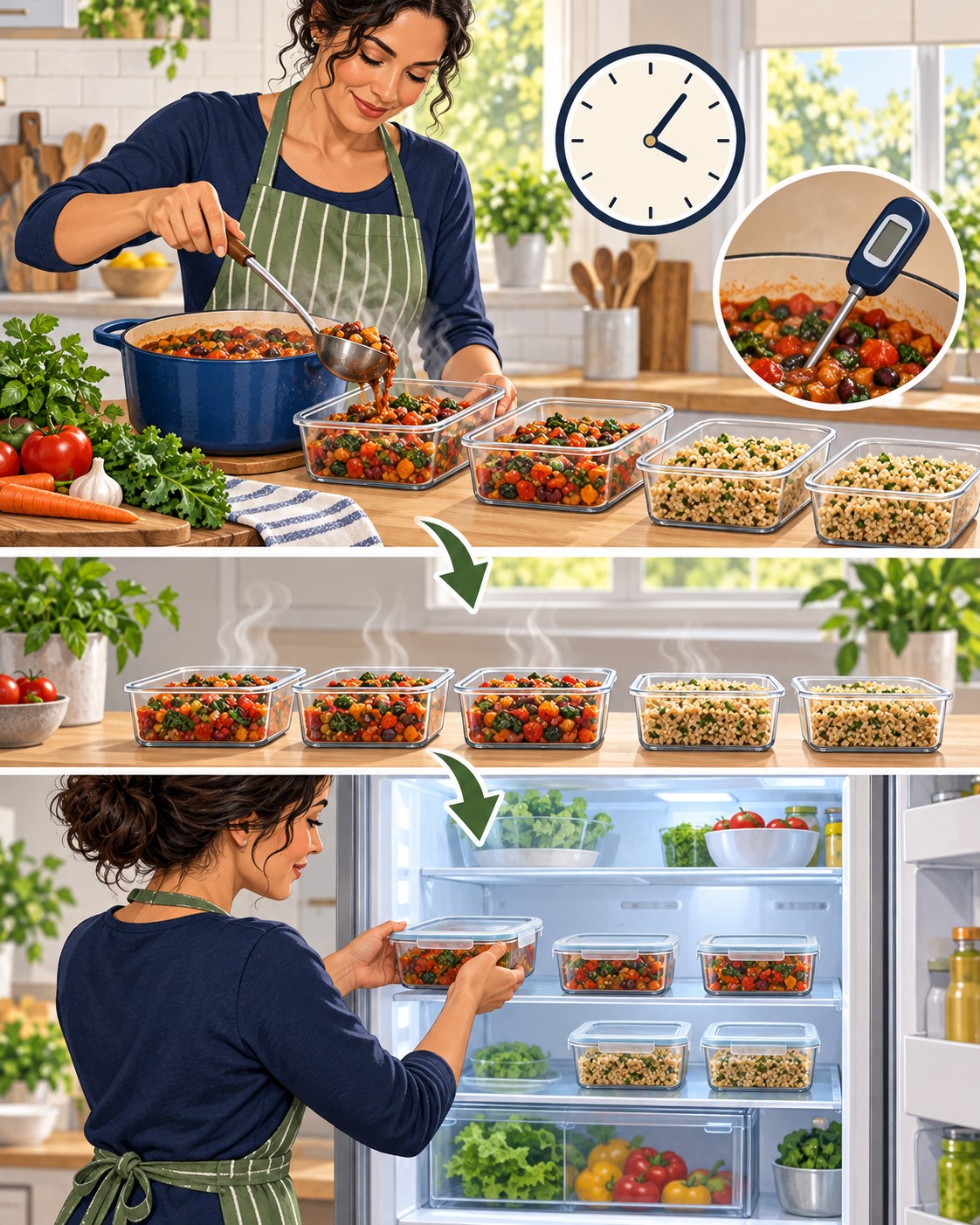 Woman dividing hot stew and grains into shallow containers, checking temperature, and spacing them in the refrigerator