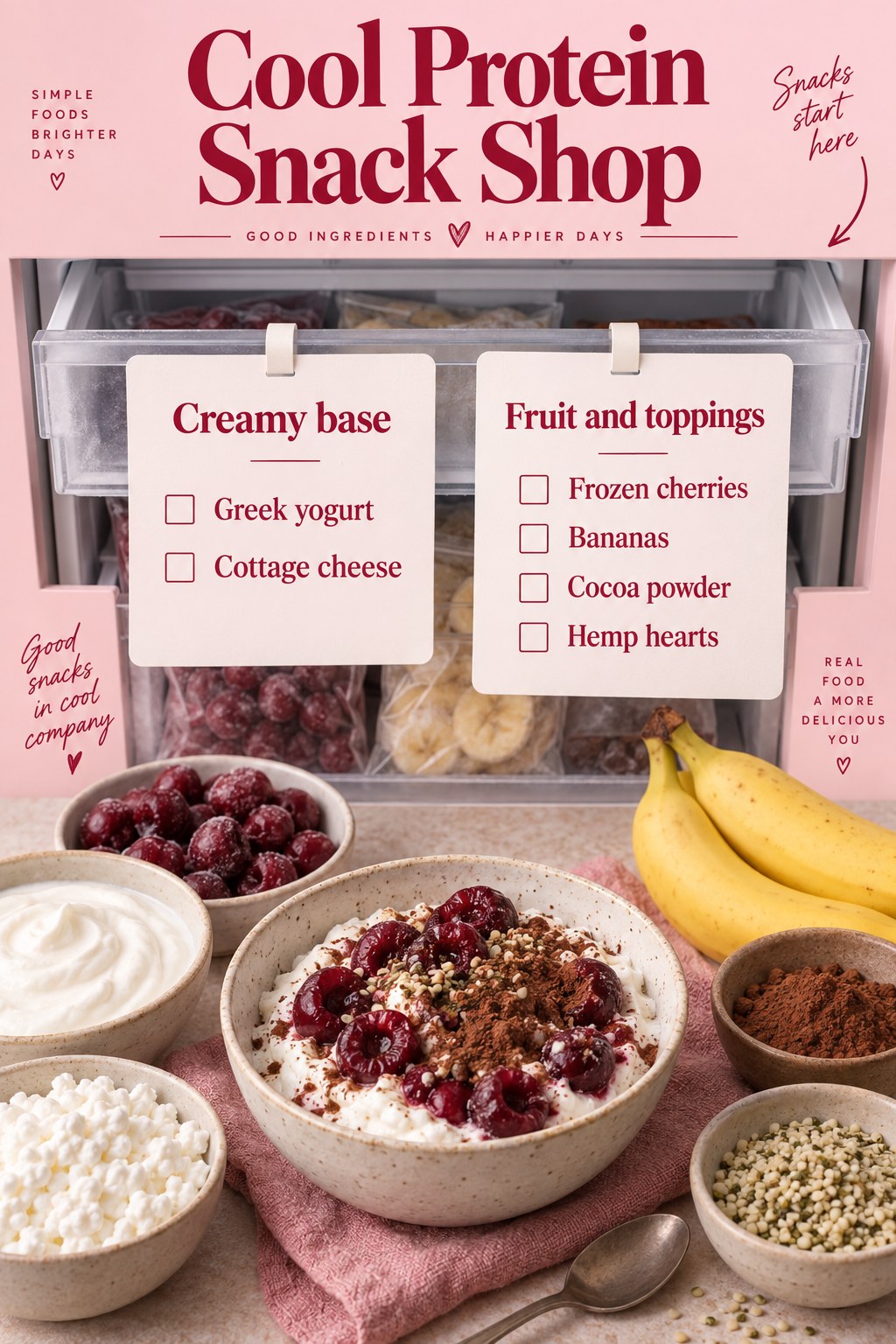 Pink freezer-style grocery checklist with Greek yogurt, cottage cheese, frozen cherries, bananas, cocoa powder and hemp hearts.