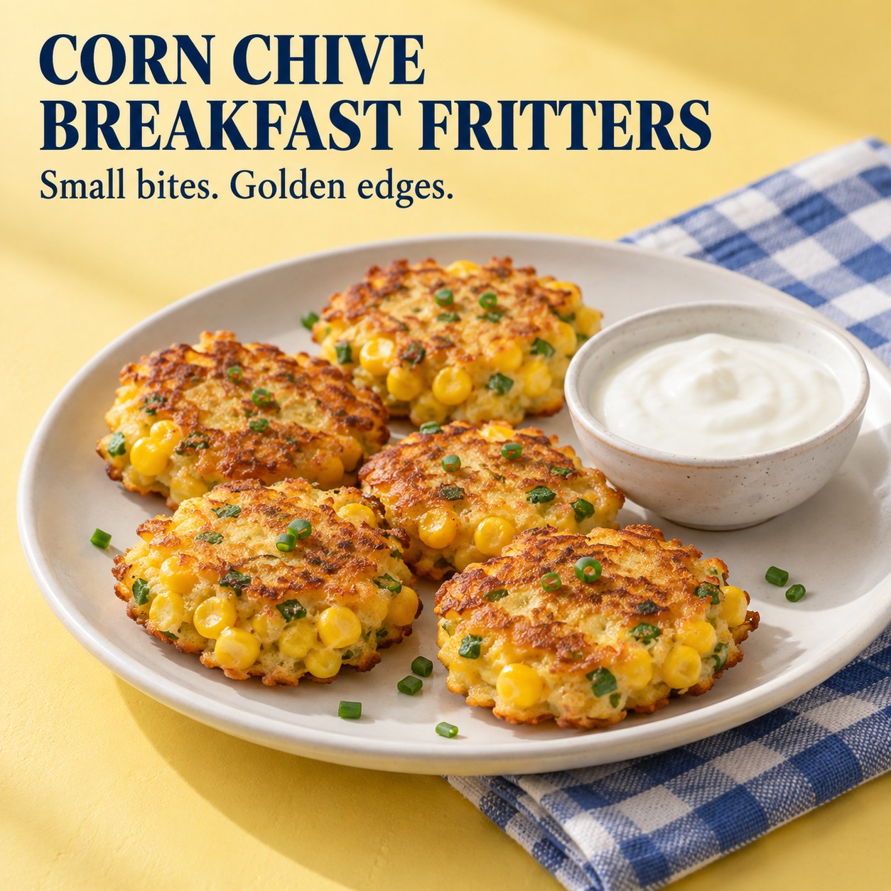 Small golden corn and chive fritters with plain yogurt beside the headline Corn Chive Breakfast Fritters.