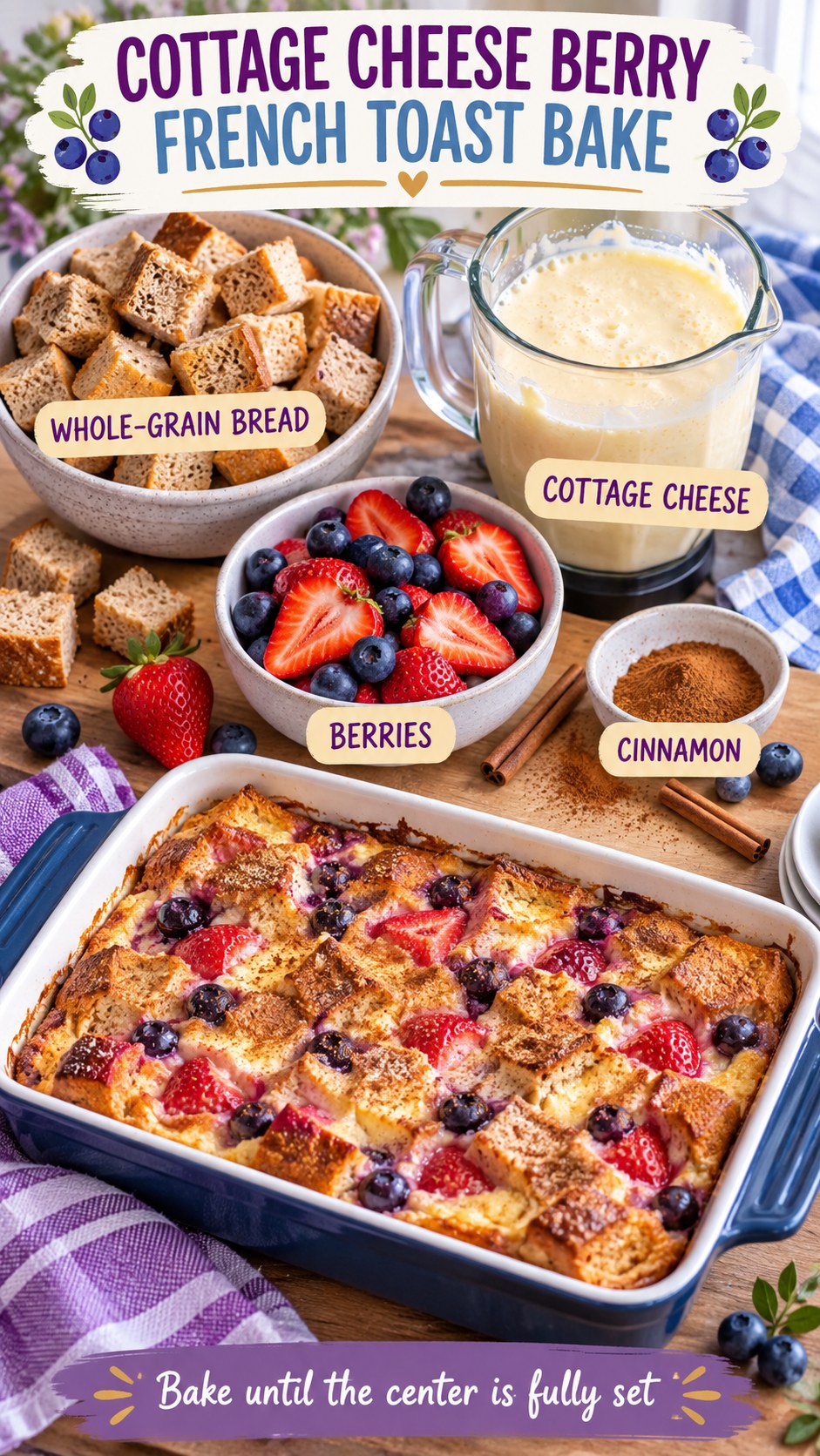 Berry purple and blue infographic showing whole-grain bread, cottage cheese, strawberries, blueberries, cinnamon, and a baked breakfast casserole