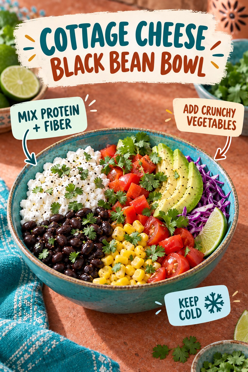 Cottage cheese black bean bowl with corn, red pepper, tomato, cabbage, avocado, lime, cilantro, and lunch tips.