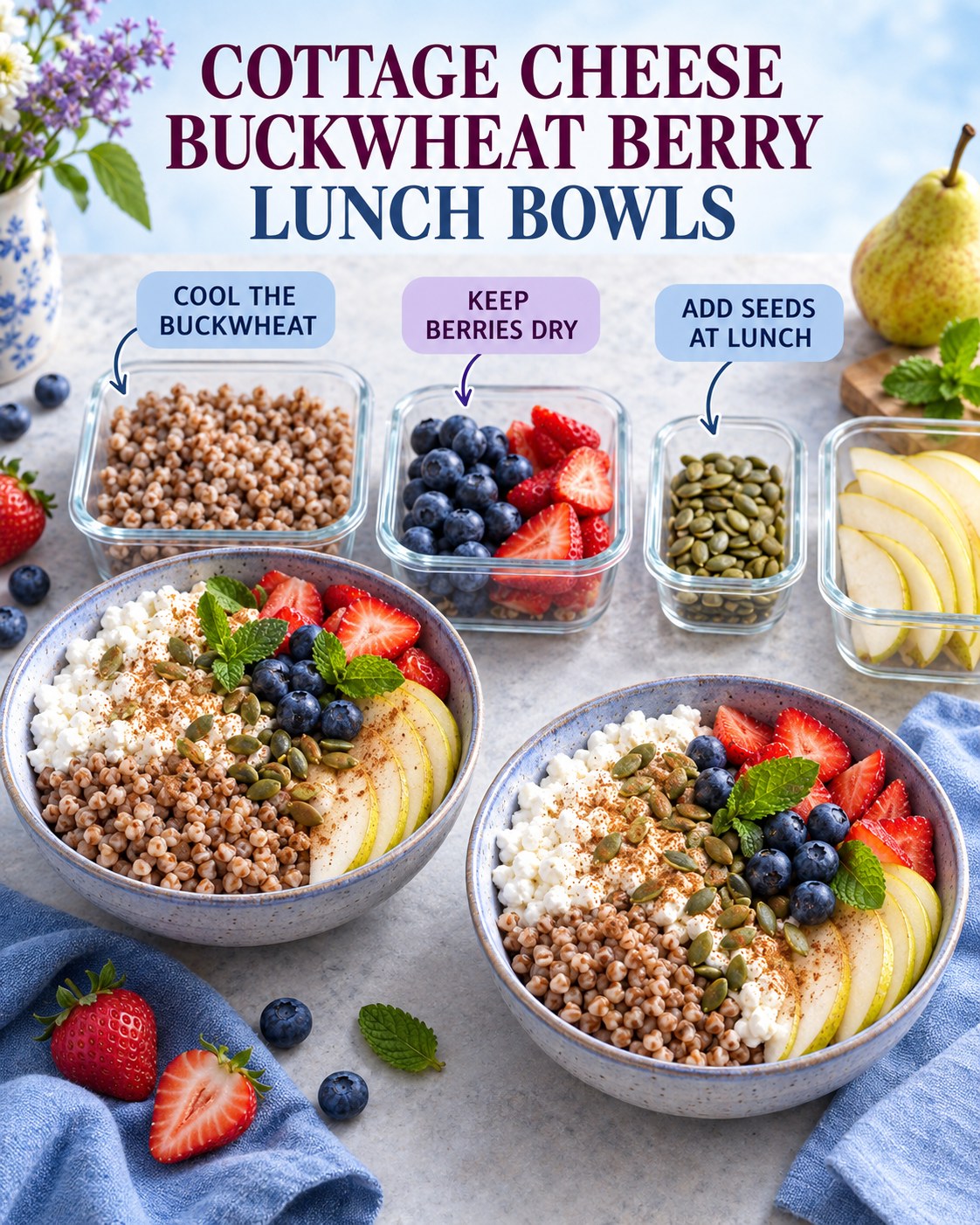 Two cottage cheese buckwheat berry lunch bowls with blueberries, strawberries, pear, pumpkin seeds, cinnamon, and mint.