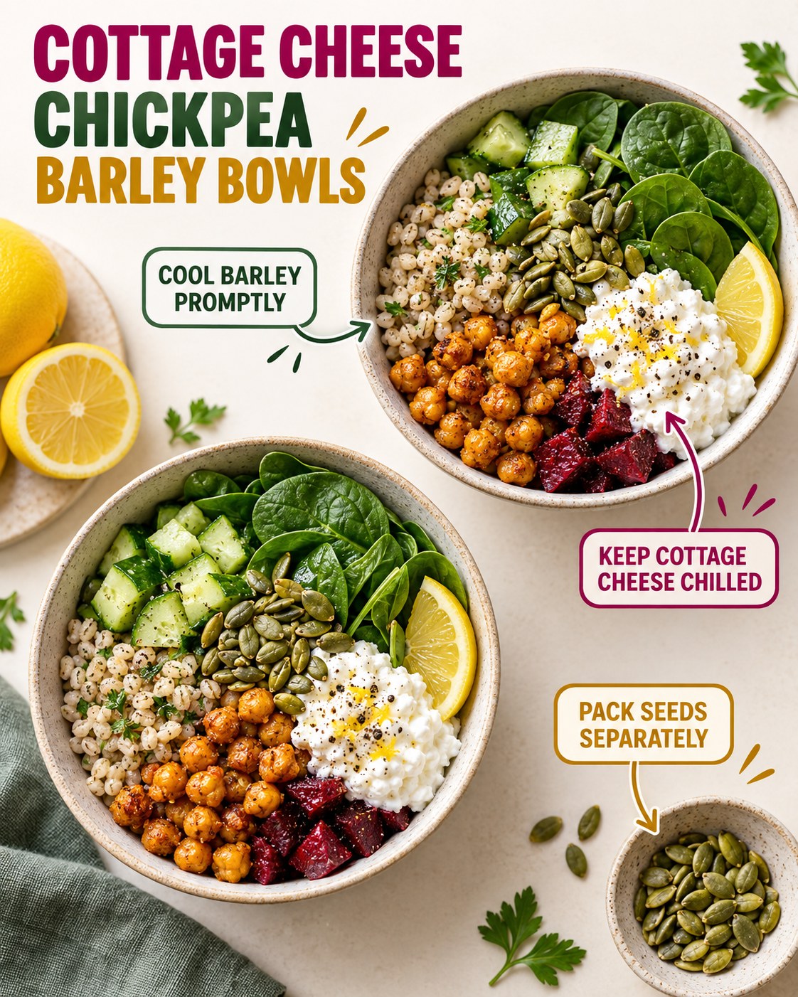 Two cottage cheese chickpea barley lunch bowls with roasted beets, cucumber, spinach, pumpkin seeds, and lemon