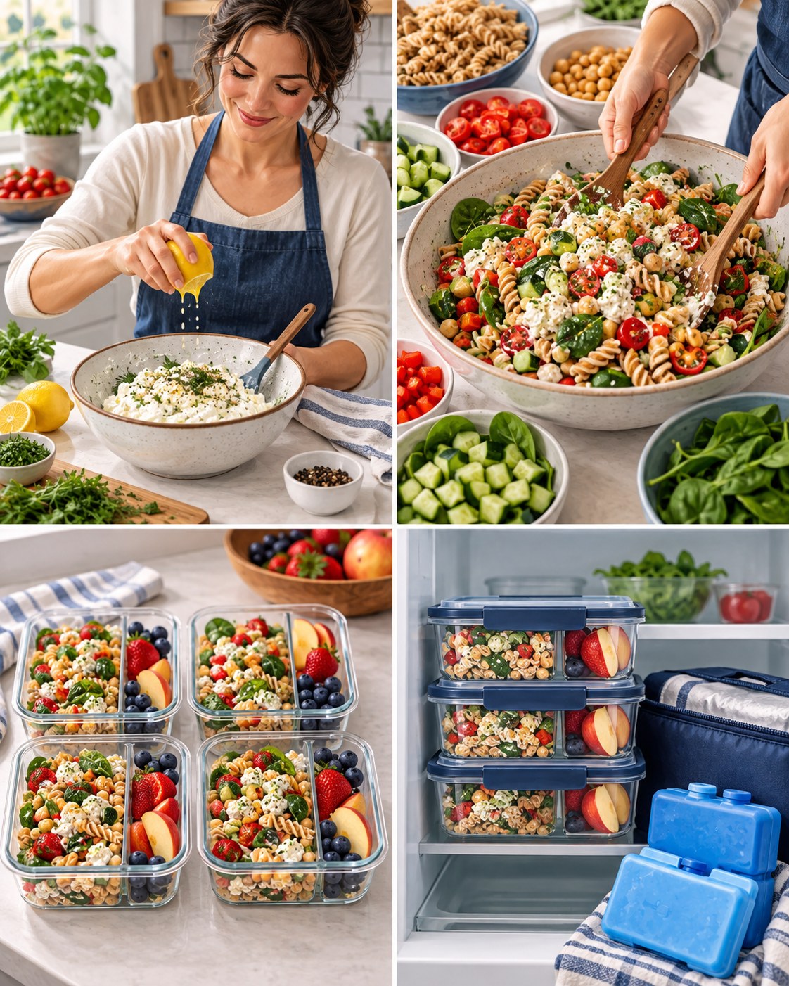 Woman mixing cottage cheese, chickpeas, whole-grain pasta, tomatoes, cucumber, spinach, and peppers and packing four lunches