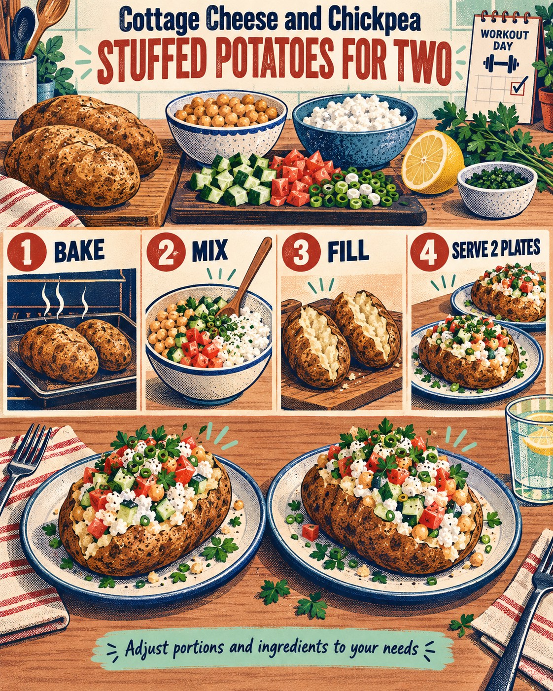 Vintage infographic with two baked potatoes, chickpeas, cottage cheese, vegetables, four steps, and two finished plates.