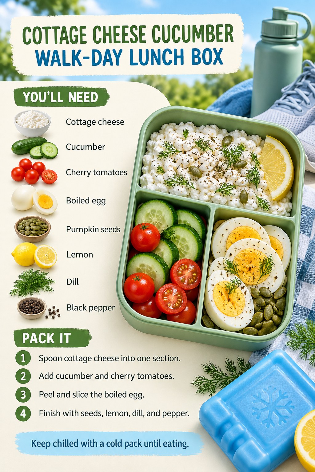 Divided walk-day lunch box with cottage cheese, cucumber, tomatoes, egg, pumpkin seeds, and lemon.