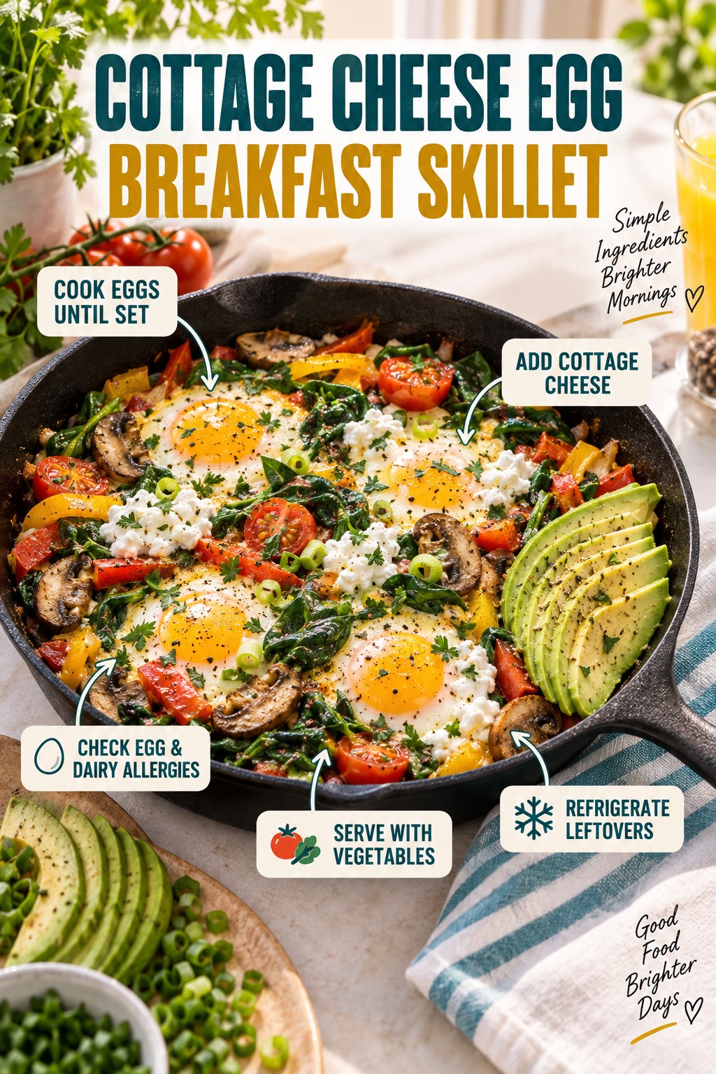 Egg and cottage cheese breakfast skillet with spinach, mushrooms, peppers, tomatoes, scallions, herbs, and avocado.