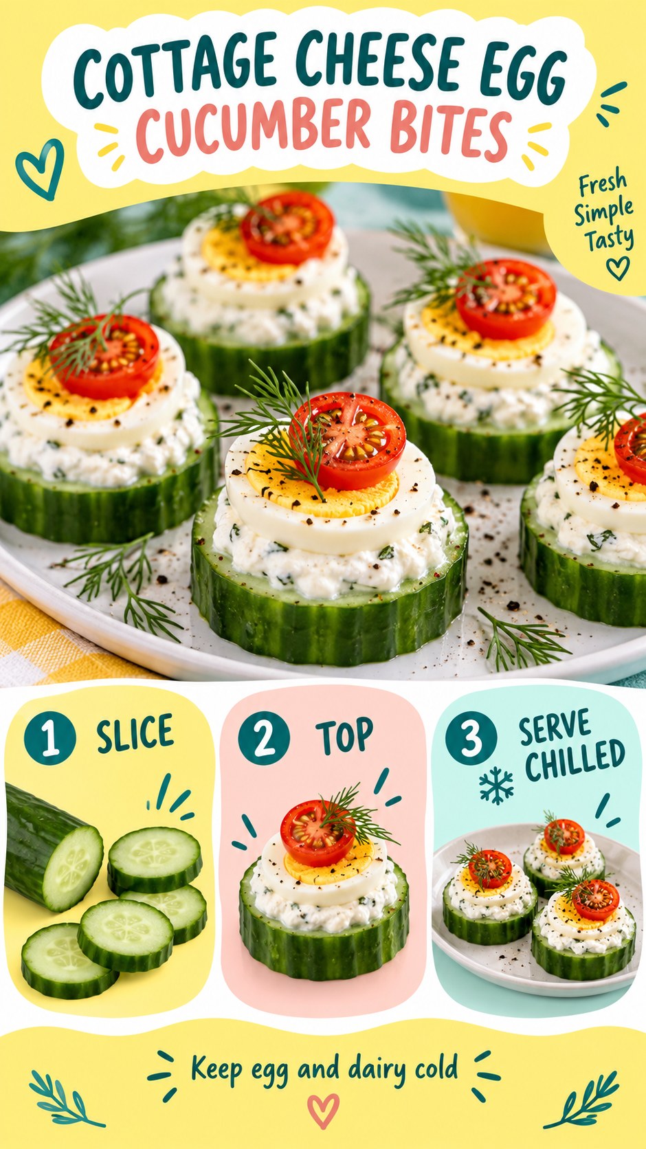 Yellow and teal infographic showing cucumber rounds topped with cottage cheese, fully cooked egg, cherry tomato, dill, and black pepper