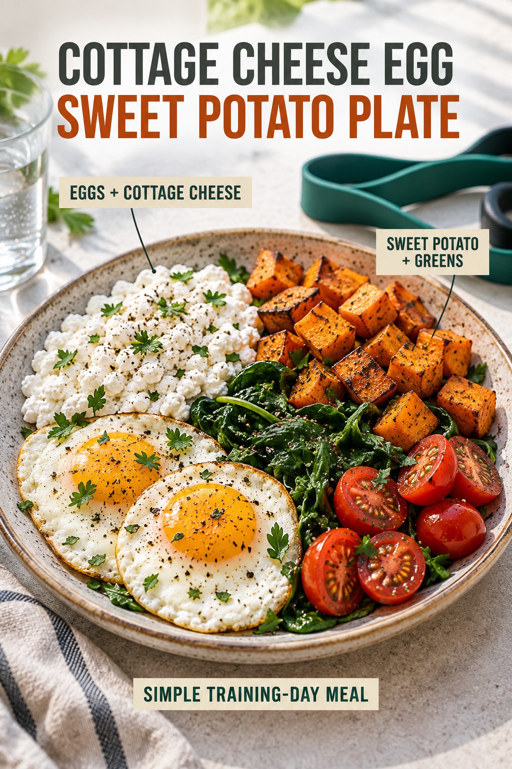 Cottage cheese egg sweet potato plate with spinach, tomatoes, herbs, and pepper