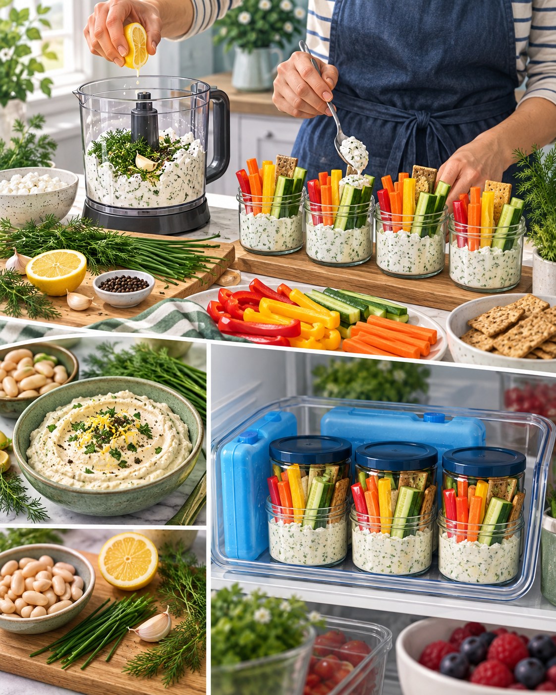 Cottage cheese herb dip portioned into jars with cucumber, carrots, peppers, and whole-grain crackers