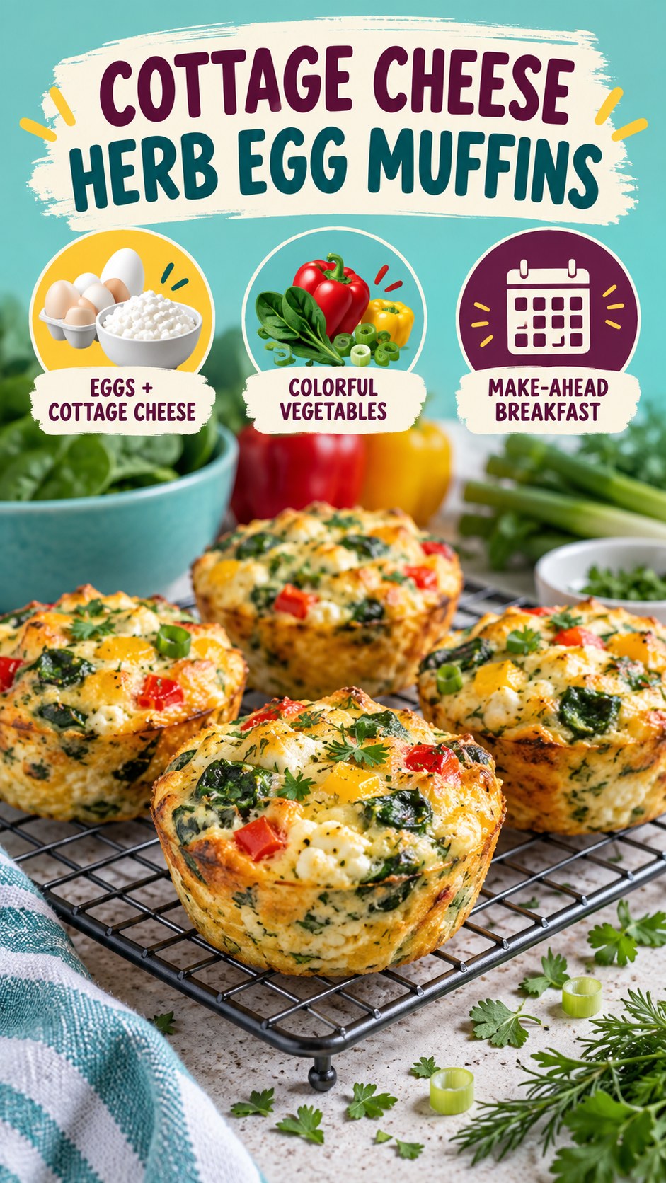 Aqua and yellow infographic showing baked egg muffins with cottage cheese, spinach, peppers, scallions, and herbs