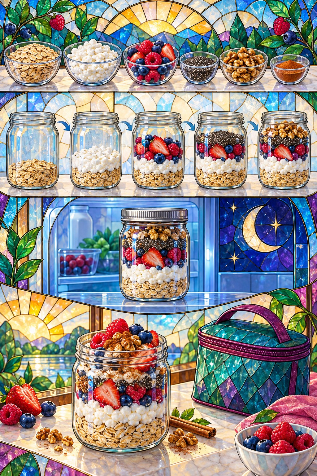 Vertical stained-glass-style infographic showing oats, cottage cheese, berries, chia, walnuts, cinnamon, jar layering, refrigeration, and serving.