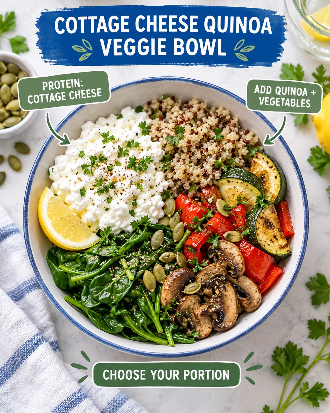 Cottage cheese quinoa lunch bowl with roasted zucchini, pepper, mushrooms, spinach, pumpkin seeds, lemon, and portion guidance.