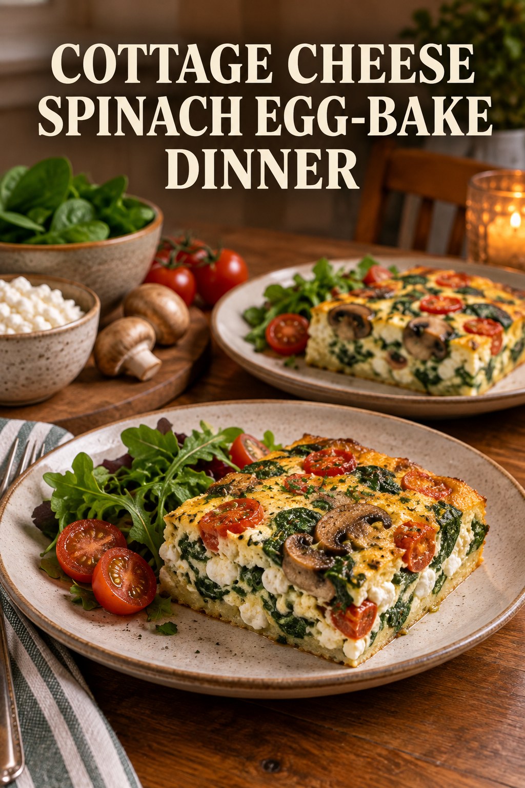 Two servings of cottage cheese spinach egg-bake dinner made with eggs, cottage cheese, and vegetables.