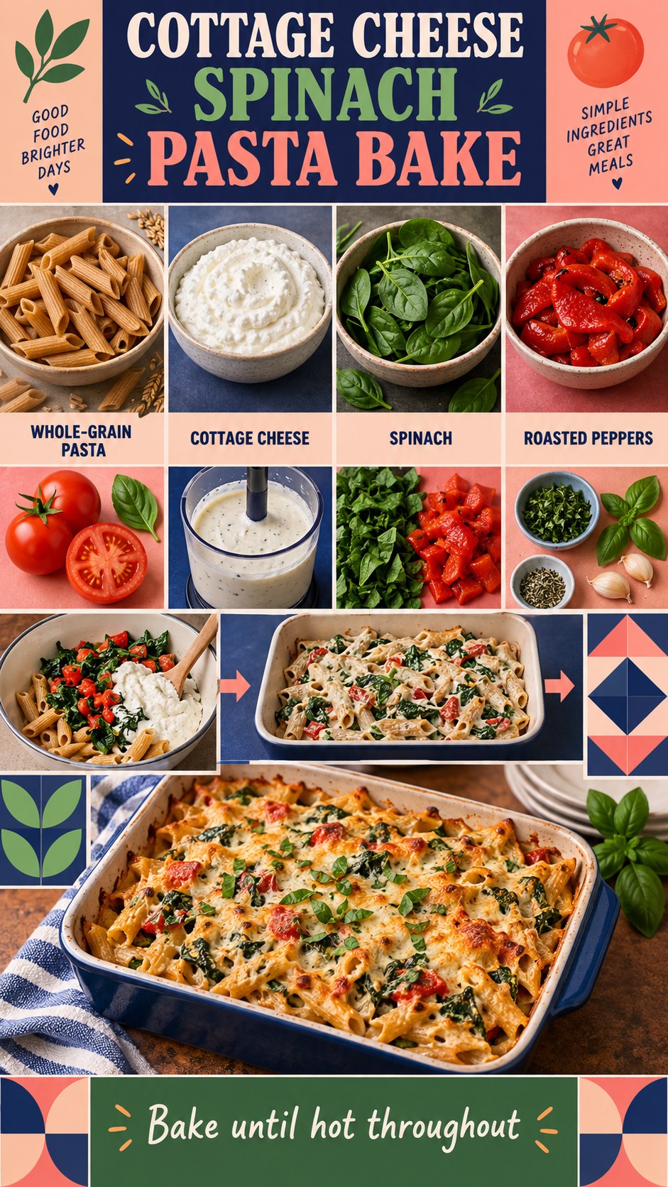 Indigo and coral infographic showing whole-grain pasta, cottage cheese, spinach, roasted peppers, tomatoes, and a baked casserole