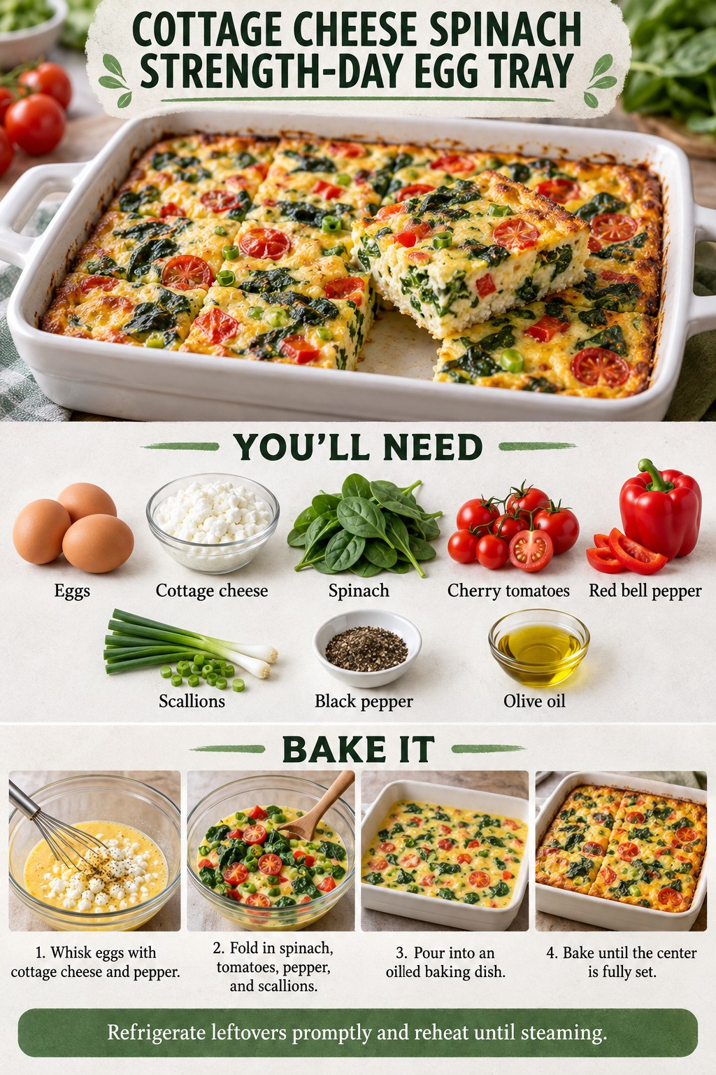 Cottage cheese spinach egg tray with tomatoes, red pepper, scallions, black pepper, and olive oil beside strength-training gear.