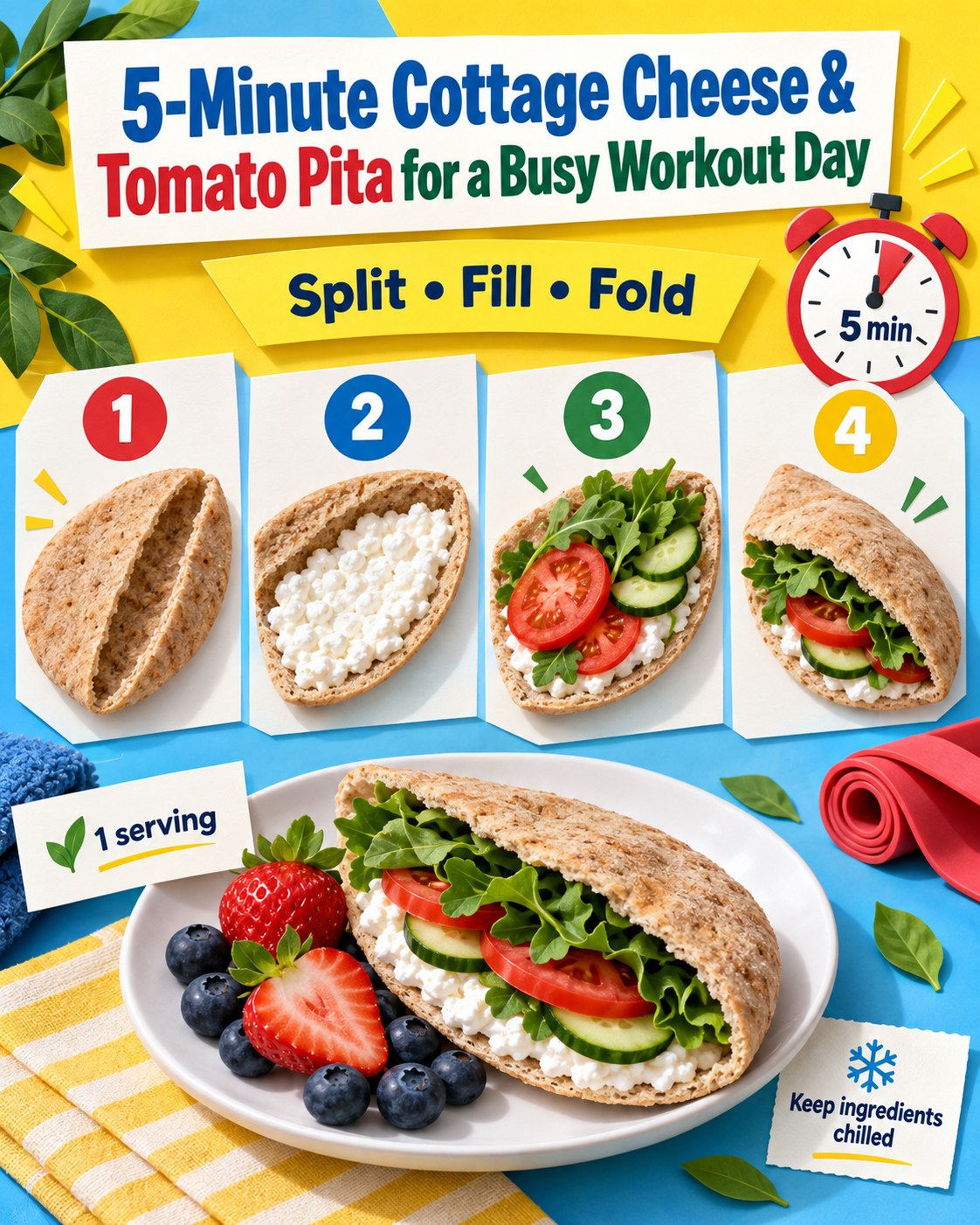 Pop-up infographic showing a whole-grain pita filled with cottage cheese, tomato, cucumber, greens, and fruit.