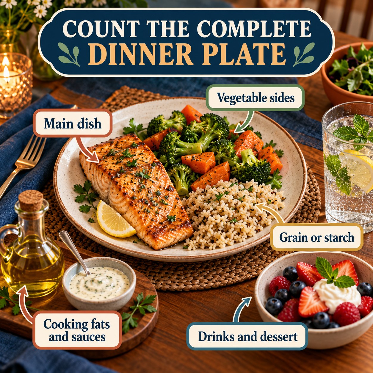 Dinner infographic labeling the main dish, vegetable sides, grain or starch, cooking fats and sauces, drinks, and dessert