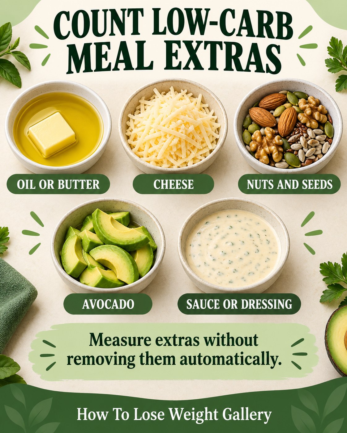 Low-carb meal extras infographic with oil, butter, cheese, nuts, seeds, avocado, sauce and dressing