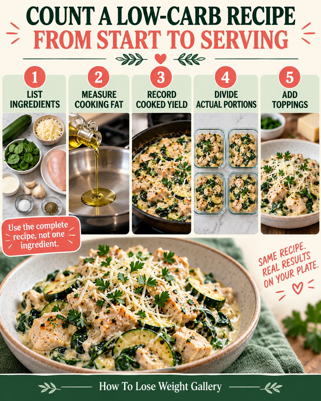 Five-step low-carb recipe infographic from ingredient list through cooked yield, portions, and toppings