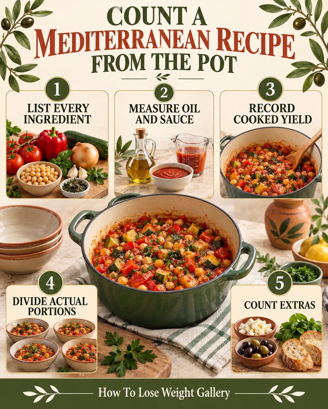 Mediterranean recipe infographic showing ingredients, oil and sauce, cooked yield, actual portions, and extras