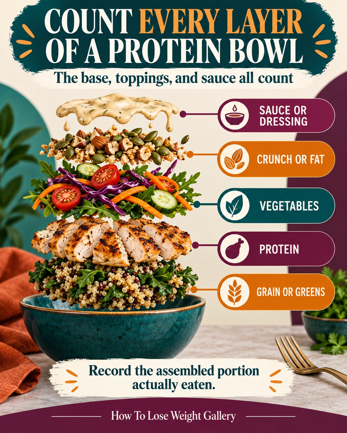 Layered high-protein bowl infographic with grain or greens, protein, vegetables, crunchy or fatty topping, and sauce