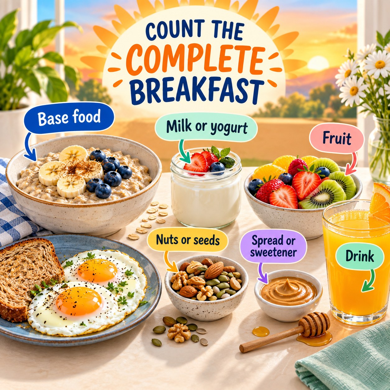 Breakfast infographic labeling the base food, milk or yogurt, fruit, nuts or seeds, spread or sweetener, and drink