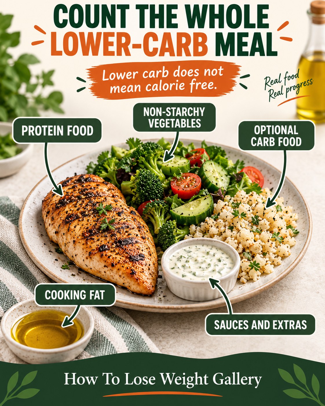 Lower-carb meal infographic labeling protein food, non-starchy vegetables, optional carb food, cooking fat, sauces and extras