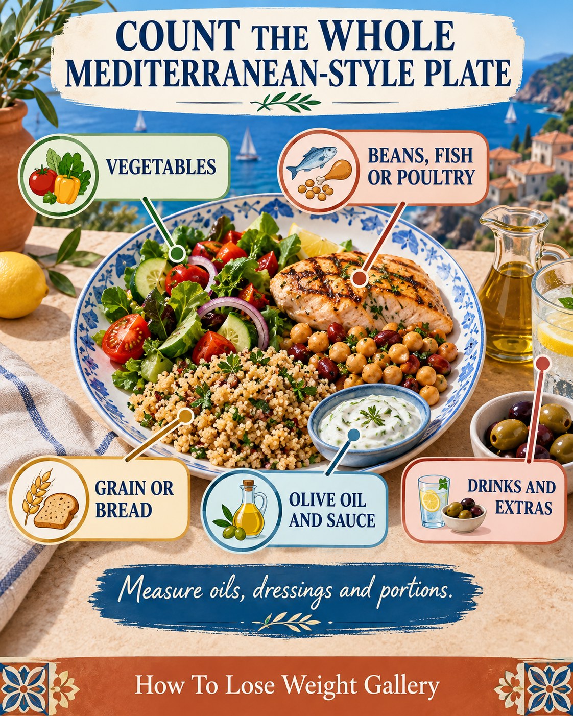 Mediterranean-style plate infographic labeling vegetables, protein foods, grains, olive oil, sauce, drinks, and extras