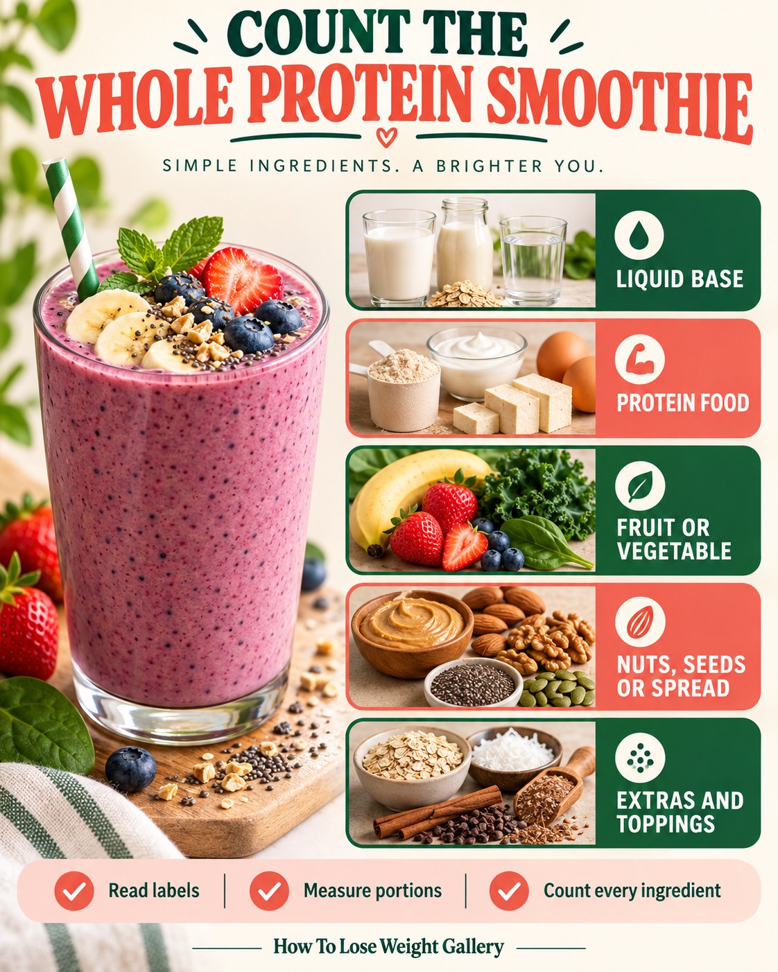 Protein smoothie infographic showing the liquid base, protein food, produce, nuts and seeds, and toppings to count