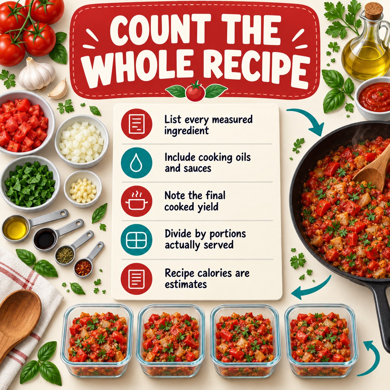 Recipe infographic showing measured ingredients, cooking oils and sauces, final cooked yield, and portions actually served