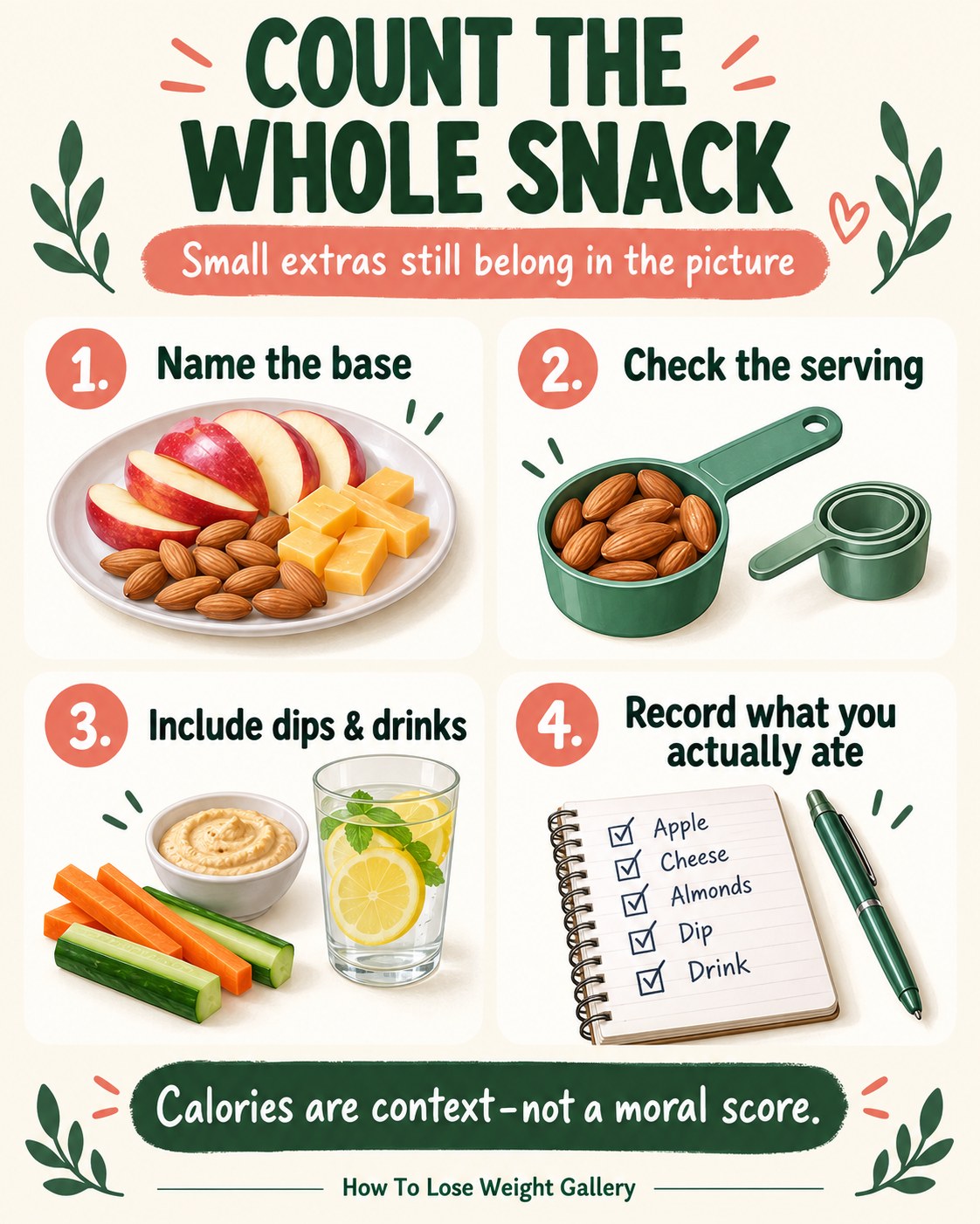 Snack calorie-awareness infographic showing the base food, serving-size check, dips and drinks, and a record of what was eaten