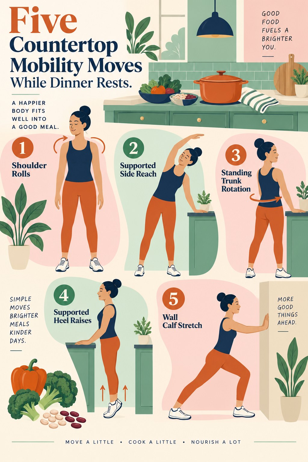 Five illustrated kitchen mobility moves including shoulder rolls, side reach, rotation, heel raises, and calf stretch.