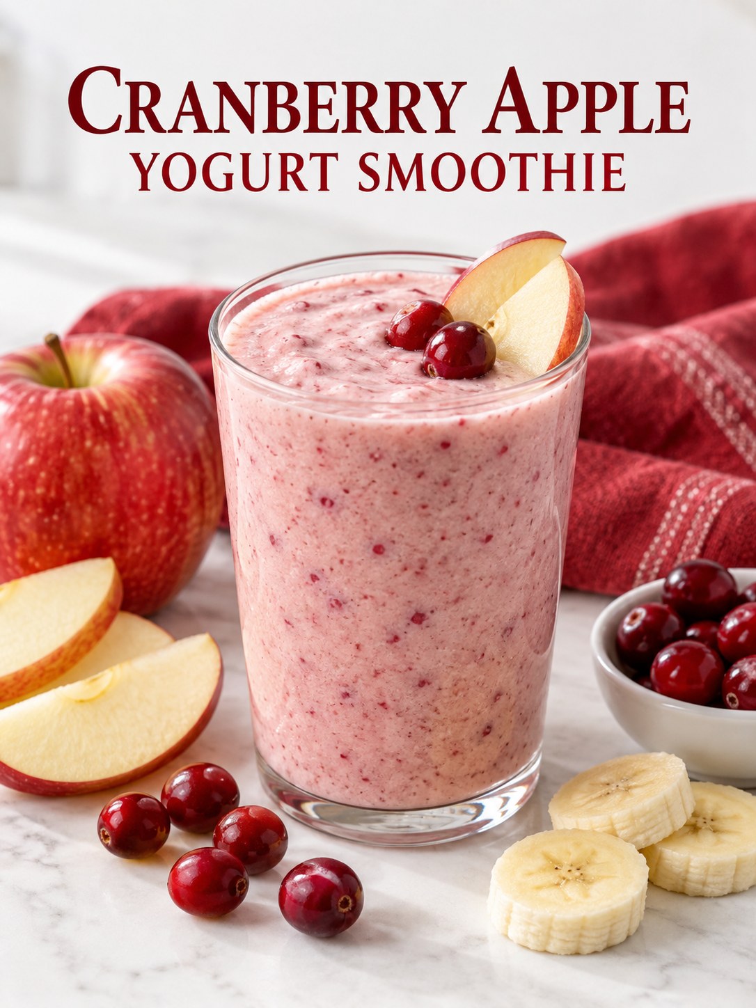 Pink cranberry apple smoothie beside cranberries, apple slices, and banana on a white table with red linen.